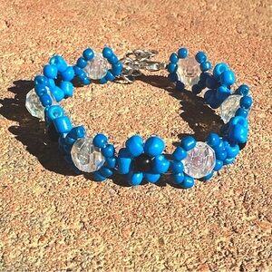 Blue Floral Beaded Bracelet with Faux Crystals and Silver Colored Accents